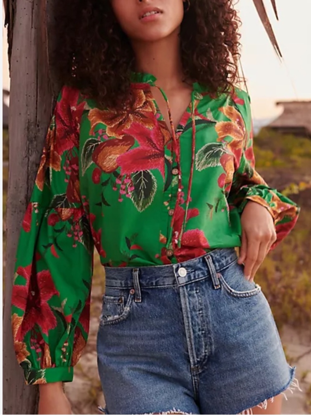 Farm Rio Raquel Tropical Floral Blouse Tassel Tie Boho Resort Top 36358